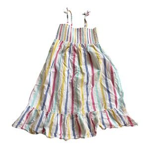 Joe Fresh Girls Rainbow Stripe Smocked Sundress Tie Straps Ruffle Hem Size M 7-8